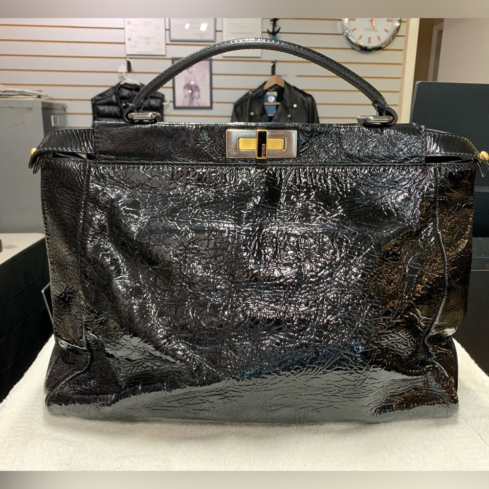 Fendi Peekaboo Top Handle Black Patent Leather Large Tote Bag